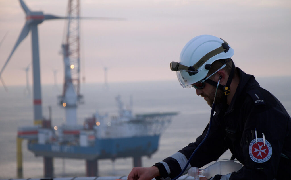 Emergency paramedic at offshore wind farm|